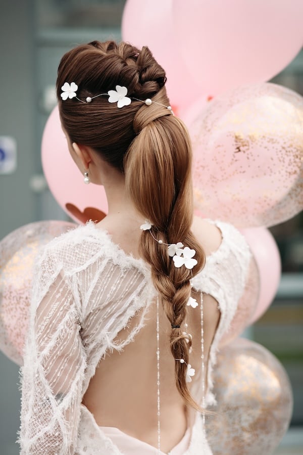 Aufwendig geflochtene Hochsteckfrisur mit Blumenschmuck – festliches Styling für besondere Anlässe wie Hochzeit oder Jugendweihe, angeboten von Astrid Hornischer in Teuchern, Weißenfels, Naumburg und Zeitz.
